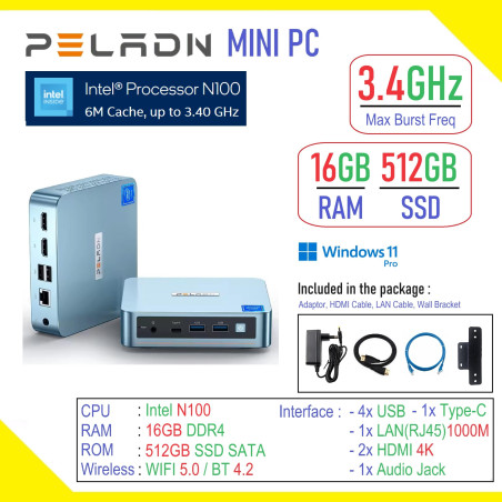 PELADN Mini PC Intel N100 (3.4GHz Max Burst Frequency) - 16GB RAM 512GB SSD